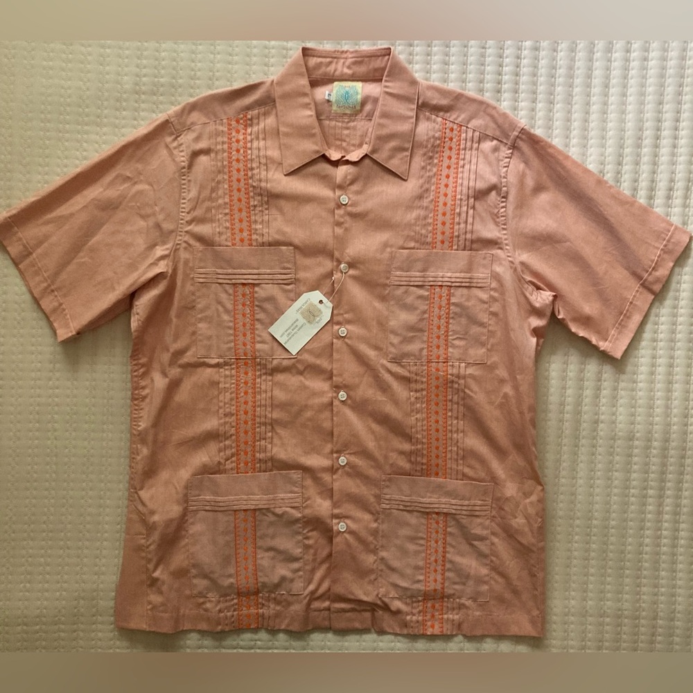 Dos Carolinas Guayabera Button Down Shirt Men’s Large Peach Cotton Short Sleeve - Picture 2 of 11
